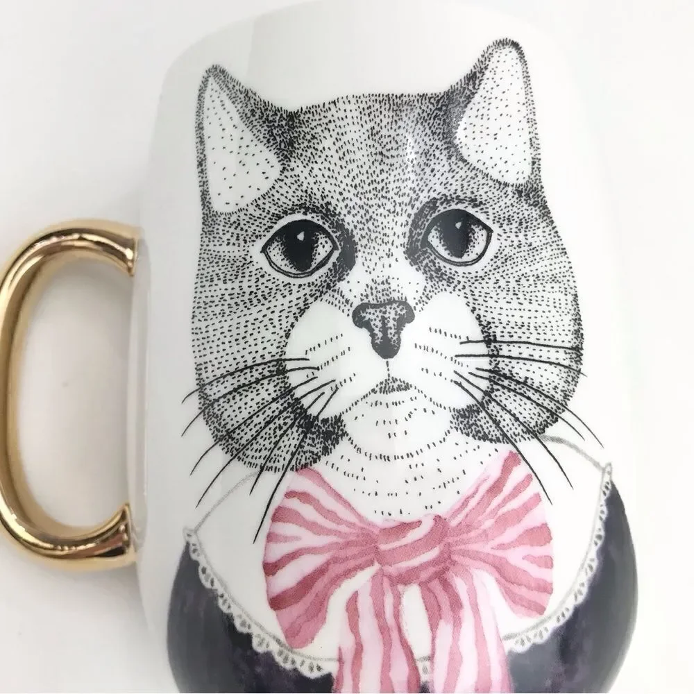 Pier 1 Fancy Cat Black White Pink Stripe Bow Double Sided Graphic China Mug